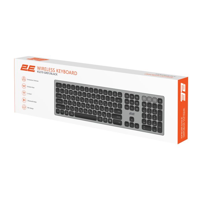 Клавіатура ножнична 2E KS270 109key, WL/BT, EN/UK, сіро-чорний