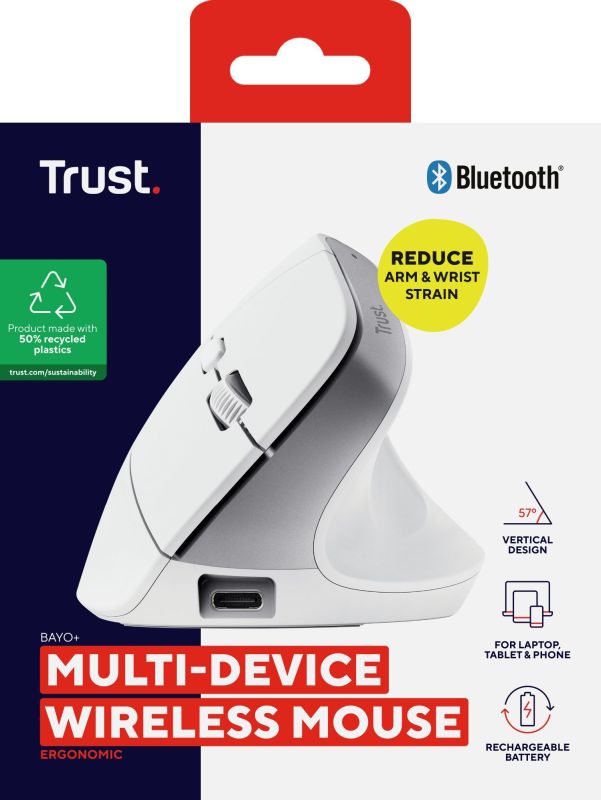 Миша Trust Bayo+ Multidevice Ergonomic, BT/WL/USB-A, біла