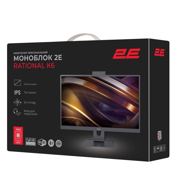 Комп'ютер персональний моноблок 2E Rational K6 23.8" FHD IPS Intel i3-12100, 8Gb, F480GB, UMA, H610, K6.610, 120W, FreeDos, чорний