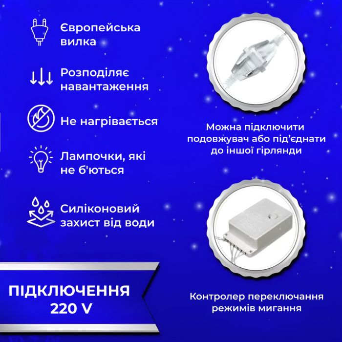Гірлянда штора світлодіодна GarlandoPro Роса 200LED 3х2м 10 ліній 8 режимів гірлянда крапля роси Синій 173302BL