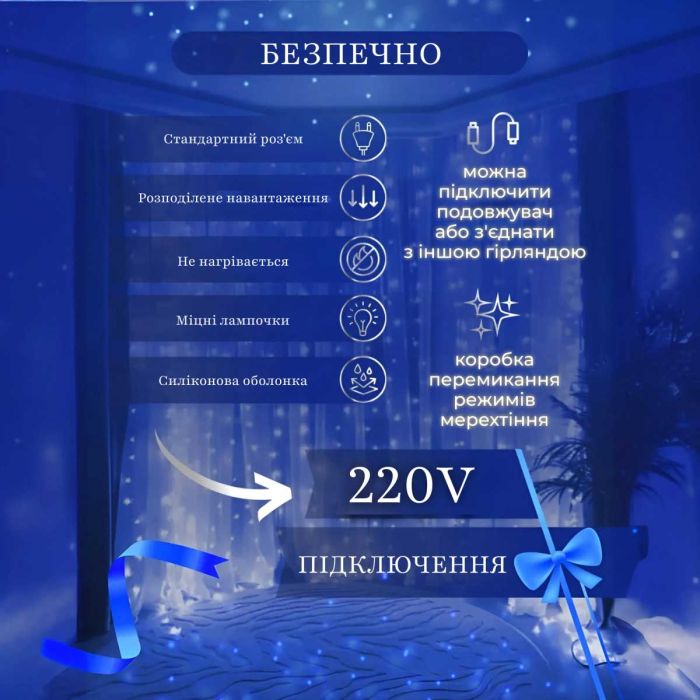 Гірлянда штора 2х2 м 240 LED світлодіодна мідний провід 8 ниток Синій ZWM2240LEDBL